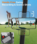 Magnetic Golf Cart Phone Holder That Snaps On And Keeps Your iPhone 16 Pro Max 15 14 13 12 Plus Stays Put On Bumpy Rides Perfect Golf Course Accessory For Men And Women Quick Install And Strong Hold in use on a golf course for recording swings.