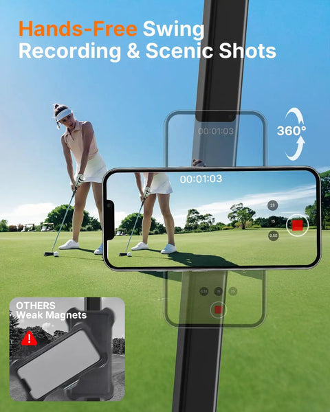 Magnetic Golf Cart Phone Holder That Snaps On And Keeps Your iPhone 16 Pro Max 15 14 13 12 Plus Stays Put On Bumpy Rides Perfect Golf Course Accessory For Men And Women Quick Install And Strong Hold in use on a golf course for recording swings.
