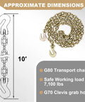 Two Pack Heavy Duty Transport Chain With Three Eighths Inch Clevis Hooks Grade Seventy NACM Standard 70 G70 Chain Ten Feet Long