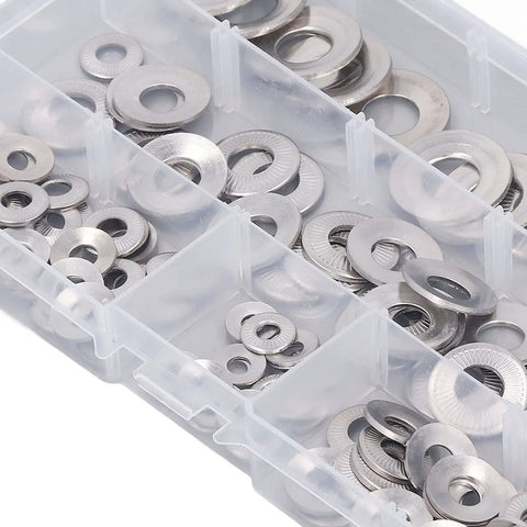 Built To Last 140 Pcs Conical Knurled Spring Washers Set In 304 Stainless Steel Belleville And Flat Washers For Outdoor Construction And Electrical Maintenance Includes Size M4 M5 M6 M8 M10 in storage box