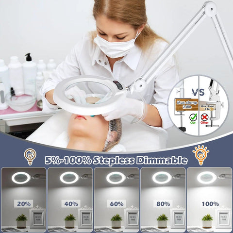 Magnifying Glass With Light And Stand For Salon Esthetics On A Rolling Floor Lamp Base, used in skincare procedure demonstration.