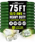 Coiled 75 Foot Outdoor Indoor Extension Cord with Three Outlet 12 3 Gauge Heavy Duty ETL Listed Waterproof Flexible SJTW Power Cord