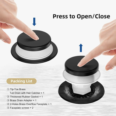 High End Matte Black Tip Toe Bathtub Drain Kit with Snap On Hair Catcher, shown in use with a finger pressing down.
