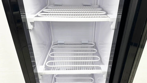 Interior view of shelves in Commercial Upright Showcase Freezer 6.5 Cu Ft Single Glass Door Digital Temp Control.