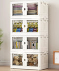 Heavy Duty Stackable Storage Bins With Lids And Wheels 4 Pack Collapsible Badass Plastic Box Rock Hard Latch Jumbo 110lb Load Rating For Garage Home Office Closets Epic White, stacked with visible contents.
