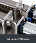Heavy Duty Double Head Pneumatic Bottle Filler Built Tough Handles One To Forty Bottles Per Minute Stainless Steel Liquid Filling Machine close-up of steel PTFE pistons.