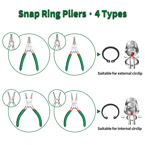 Four types of snap ring pliers, suitable for both external and internal circlips, shown in diagram.