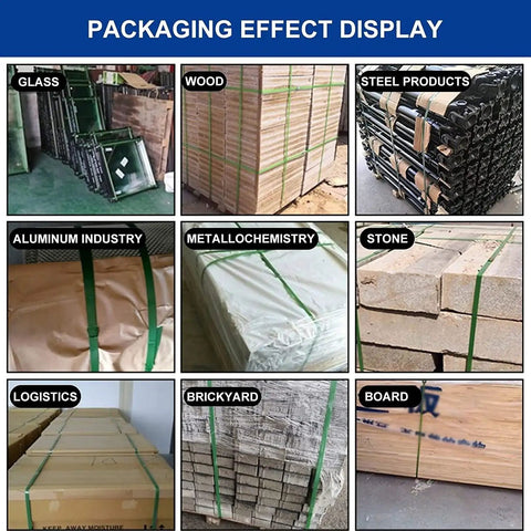 Packaging display of various materials secured with strapping, including glass, wood, and aluminum. Heavy Duty Electric Strapping Machine For Pp Pet Plastic Bands.