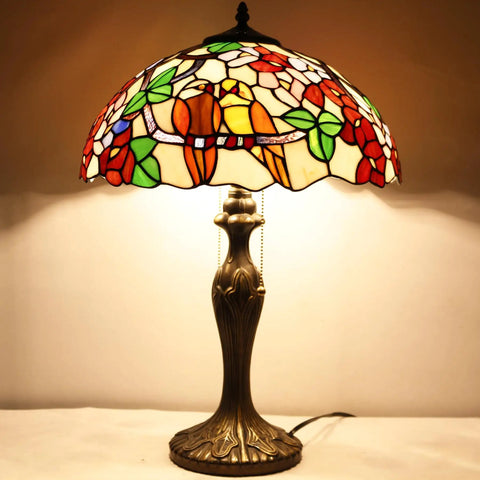 Tiffany Style Double Birds Stained Glass Table Lamp With 16 Inch Shade And 24 Inch Height, Antique Green Bronze Metal Base, Pull Chain