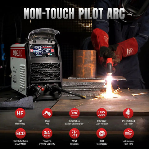 Non Touch Pilot Arc Plasma Cutter 50A Dual Voltage 110 220V With Large LED Display Heavy Duty Three Quarter Inch Cut PT 2T 4T Modes Perfect For DIYers And Pros showing metal cutting process.