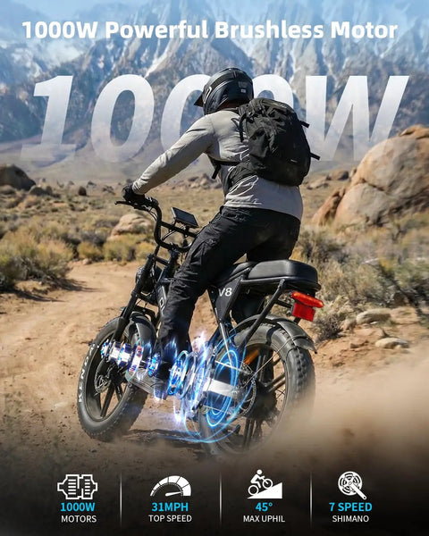 Cyclist riding Beast 1000W Electric Bike For Adults With 20 Inch Wheels Removable 15.6Ah Battery Up To 60 Mile Range off-road.