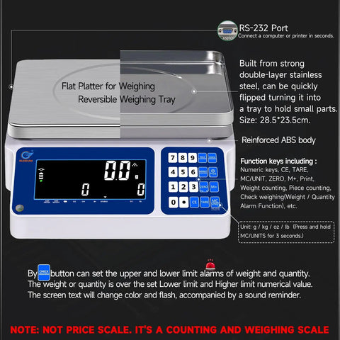 Hella Accurate 33 Pound Piece Counting Scale With Tight Zero Point Five Gram Specs Sturdy Bench Platform for warehouse inventory tasks.