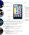 Remote control for Mini 6W RGBW Fiber Optic Starlight Headliner Kit with color settings and usage in bedroom, car, and pool.