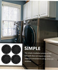 Four Pack Anti Skid Washing Machine Pads And Stabilizer Feet For Vibration Control in black, shown beside washing machines.
