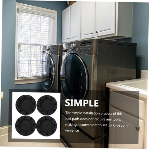 Four Pack Anti Skid Washing Machine Pads And Stabilizer Feet For Vibration Control in black, shown beside washing machines.