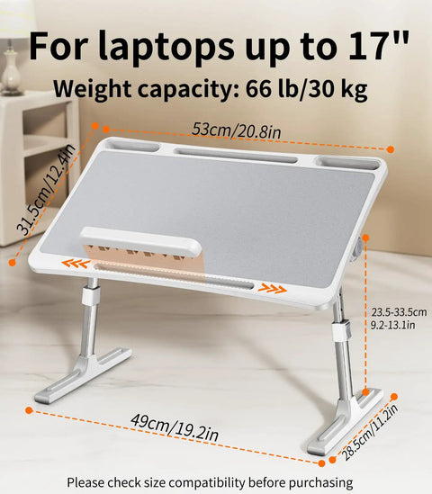Adjustable Bedside Laptop Desk With Height And Angle Adjustments, gray surface, folding lap tray with measurements shown