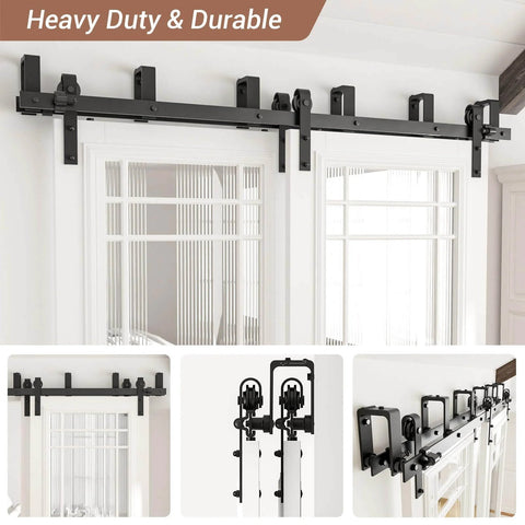 8 Ft Double Track Bypass Sliding Barn Door Hardware Kit For Two Doors, black steel rails and nylon rollers, installed view