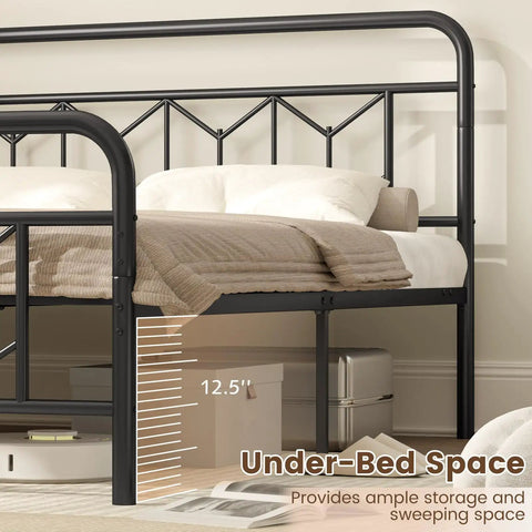 Heavy Duty Queen Metal Platform Bed Frame With Victorian Diamond Headboard And Footboard, Built Tough No Box Spring Needed, Super Sleek Under Bed Storage, Legit Room Upgrade, Matte Black under-bed storage space measurement.