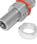 Summit Hydraulics flat-face quick-connect coupler, close-up, 5/8 ORFS bulkhead mount; silver body with orange ring