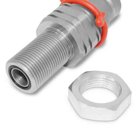 Summit Hydraulics flat-face quick-connect coupler, close-up, 5/8 ORFS bulkhead mount; silver body with orange ring