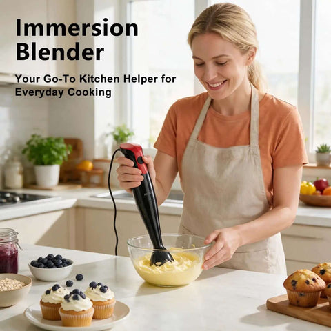Premium Corded Handheld Immersion Blender Equipped With A 15000Rpm Motor And Razor Sharp Stainless Blades For No Sweat Soup Mixing And Smooth Purees In Every Kitchen, blending batter in clear bowl.