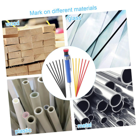 Solid Grip Mechanical Carpenter Pencil Set With Interchangeable Refills Featuring Wide Mouth Deep Hole Marker Heavy Duty Woodworking Gear for marking on wood, glass, plastic, and metal.