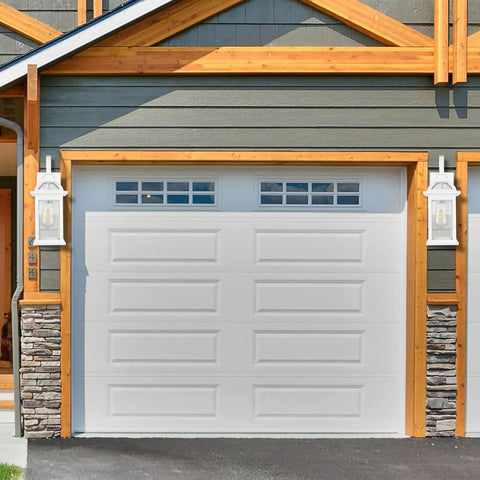 Outdoor Wall Sconce Lighting Set With Seeded Glass Weatherproof Exterior Fixtures Rustproof Aluminum Mounts beside garage