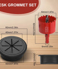 Heavy Duty 2 Inch Desk Grommet Kit With Eight Black Hole Covers And Cobalt Hole Saw, showing dimensions of plugs and hole saw.