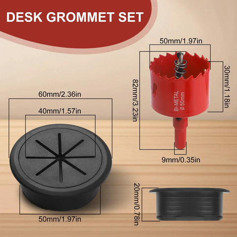 Heavy Duty 2 Inch Desk Grommet Kit With Eight Black Hole Covers And Cobalt Hole Saw, showing dimensions of plugs and hole saw.
