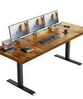 71 Inch Electric Standing Desk With Height Adjustable Sit Stand System Built In Power Outlet 3 Piece Desktop 1.38 Inch Thick Rustic Brown