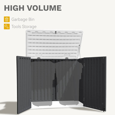 Weatherproof Outdoor Storage Shed For Tools 35 Cu Ft Capacity Lockable and Waterproof Horizontal Design in dark gray opened