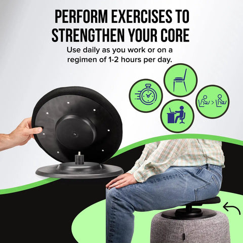 Wobble Self Balancing Ergonomic Stool With 360 Degree Rotation For Better Posture And Pain Relief, bottom view and seated use