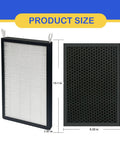 Two Pack True HEPA And Activated Carbon Replacement Filters For Big Area Smart Air Purifier Models 47001 47002 47003 47004 47005 47006 With HEPA Pre Filter, showing product size dimensions.