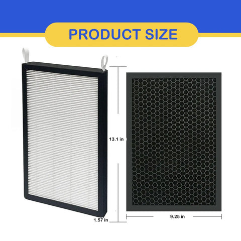 Two Pack True HEPA And Activated Carbon Replacement Filters For Big Area Smart Air Purifier Models 47001 47002 47003 47004 47005 47006 With HEPA Pre Filter, showing product size dimensions.