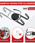 Heavy Duty Magnetic Hooks 50 Lbs Plus Set Of Four Swivel Hooks for classrooms, showing 360° rotation and easy disassembly.