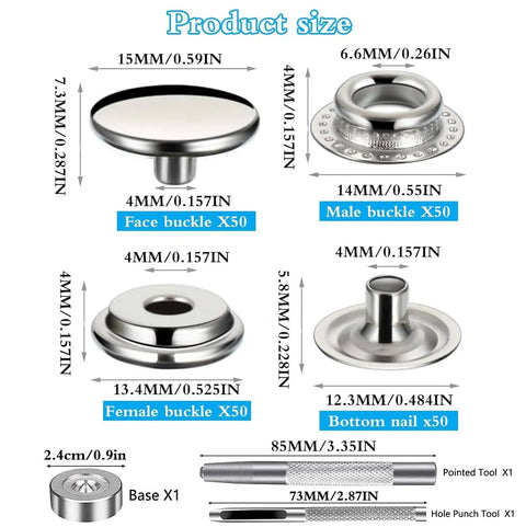 Diagram showing product dimensions of 15mm Heavy Duty Stainless Steel Snap Button Kit With Setting Tool Marine Grade Rustproof Fasteners For Boat Canvas Leather Clothing Tents And Furniture Covers 200 Pieces In 50 Sets.