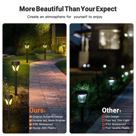 Comparison of Must Have Easy Install Solar Pathway Lights Outdoor Garden 6 Pack with other lighting, highlighting design and brightness.