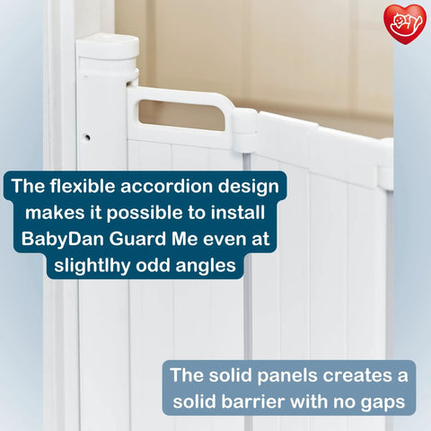 Close view of the Guard Me Retractable Safety Gate for Extra Wide Openings 21.6 to 44.6 Inches, showing accordion design and solid panels.