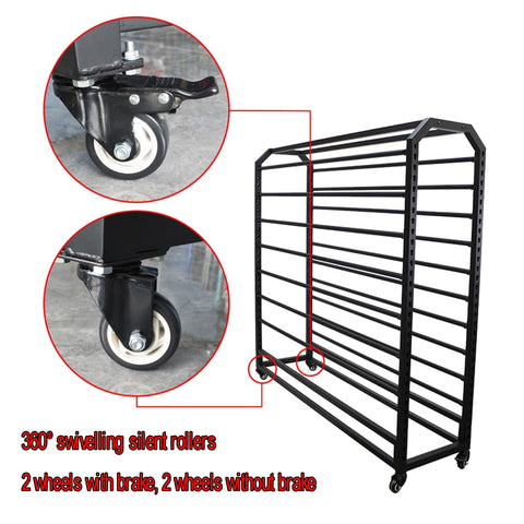 Rock Solid Commercial Fabric Roll Storage Rack Featuring Adjustable Hanging Bars For Wallpaper Linen Setup Plus Hella Sturdy Steel Frame showing 360° swiveling silent rollers.