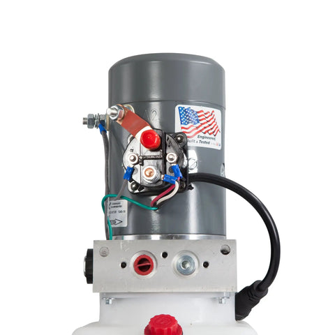 Front view of Single Acting 12V Hydraulic Pump With Remote Pendant, 15 Foot Cord, 6 Quart Reservoir, 3200 PSI A and 1500 PSI B Port Relief
