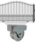 4 Inch Wheel For Sliding Gates With V Groove Tracks, Stainless Steel Welded Bracket, 3000 Lb Capacity Per Wheel, shown under gate