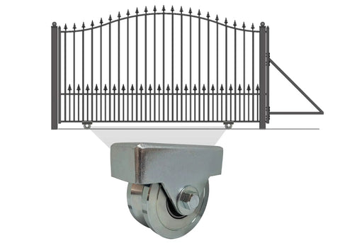 4 Inch Wheel For Sliding Gates With V Groove Tracks, Stainless Steel Welded Bracket, 3000 Lb Capacity Per Wheel, shown under gate