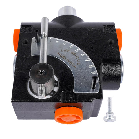 Getanye hydraulic adjustable flow control valve with relief, 1/2 in NPT, black body, silver dial, orange knobs