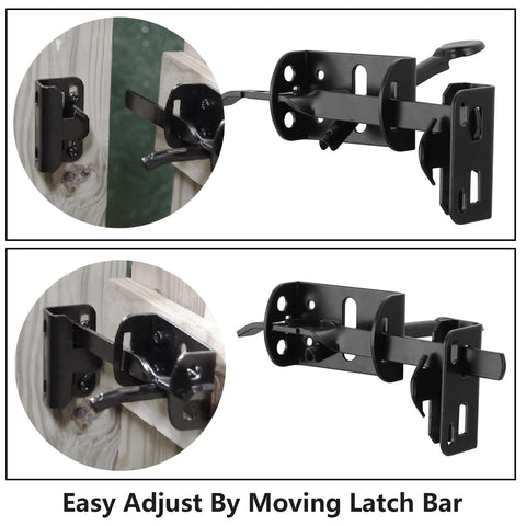 Heavy Duty Gate Latch And 9 Inch Handle Kit Self Locking Steel Gate Lock Hardware For Wooden And Vinyl Fence Swing Outdoor Gate Black Finish With Screws, shown with latch bar adjustment.