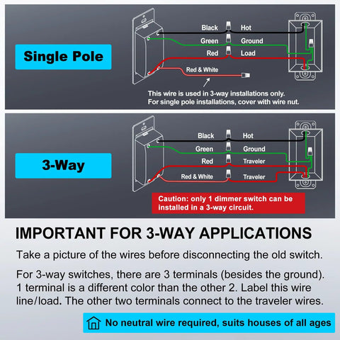 3 Pack Quiet Slide Dimmer Light Switches wiring diagram for single pole and 3-way installation, white