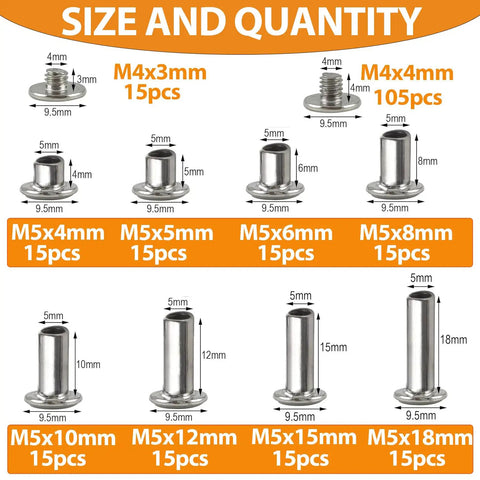 Sweet Silver Chicago Screws Kit Badass 120 Piece Rivet Bolt Set with M4 and M5 sizes displayed, silver nickel finish, versatile for crafts.