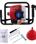 Gas Powered Post Hole Digger 62cc 2 Stroke Earth Auger with tools and manual, showcasing the engine and accessories.