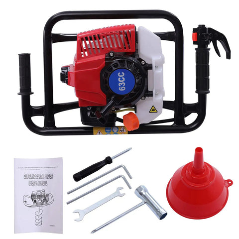 Gas Powered Post Hole Digger 62cc 2 Stroke Earth Auger with tools and manual, showcasing the engine and accessories.