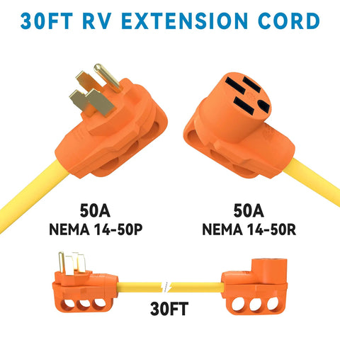 Rugged Heavy Duty 50 Amp RV Extension Cord 30 Ft with LED Safety Indicators, NEMA 14 50 Power Cord for RV and Generator