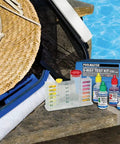 Five Way Pool And Spa Test Kit Featuring Dead On Accuracy For Chlorine Bromine Ph Alkalinity And Acid Demand Inside A Tough Travel Case on stone surface.